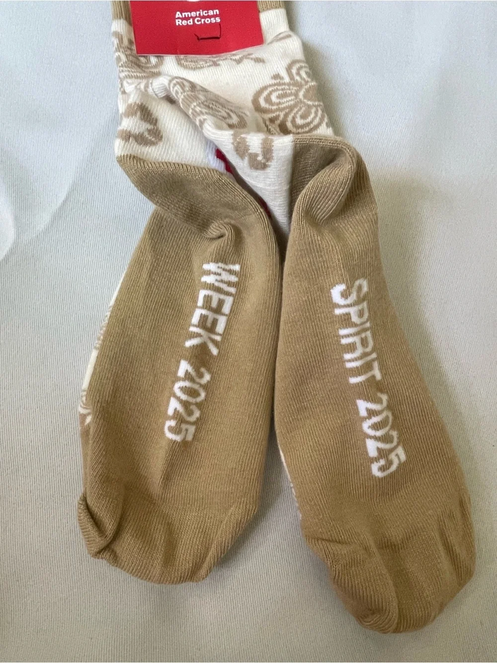 American Red Cross Spirit Week 2025 Crew Socks Floral Tan Cream Medium NWT